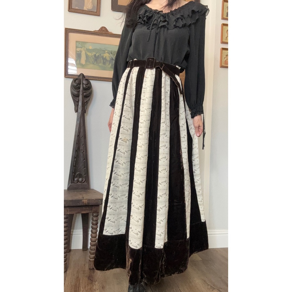 Vintage 70s Velvet Lace Maxi Skirt Brown Cream striped panels Belted Renaissance